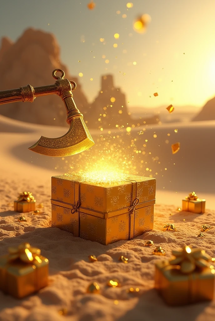 A golden pickaxe hitting a golden gift box, in a desert landscape with an abandoned gold mine behind and small gifts of gold scattered across the ground