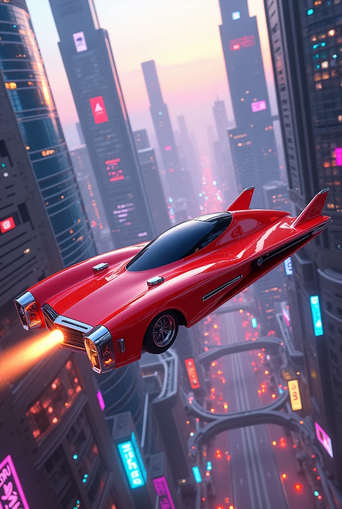 Car in red colour in spacecity flying in extra flight in colourful city