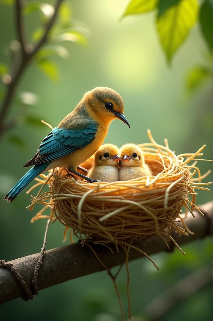 The bird is sitting in its nest with its two chicks, and the nest is made of wheat straw.