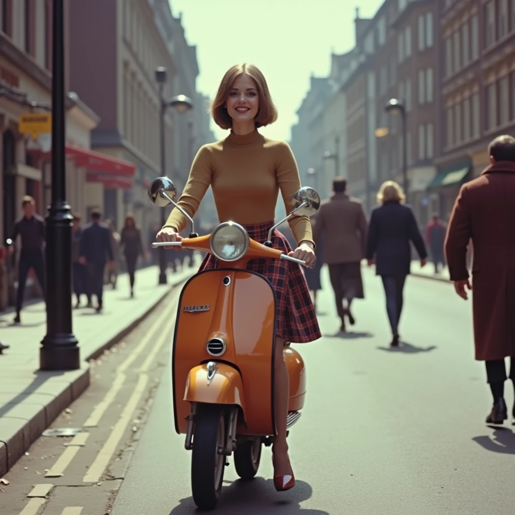 The time is Swinging London in 1967.、A full-body shot of a very beautiful 2 glamorous woman in 60's fashion、She rides her old 60s Vespa scooter down Carnaby Street.、A tight turtleneck knit, an A-line tartan skirt, and long boots、London streets in 1967、shiny bonde very stylish 60's bob haiir,60's makeup like Twiggy、sagging huge Breasts、Super Beauty、60's london MODS culture,60's cute short bob hair,Running down the street laughing、super happy cute face lady,