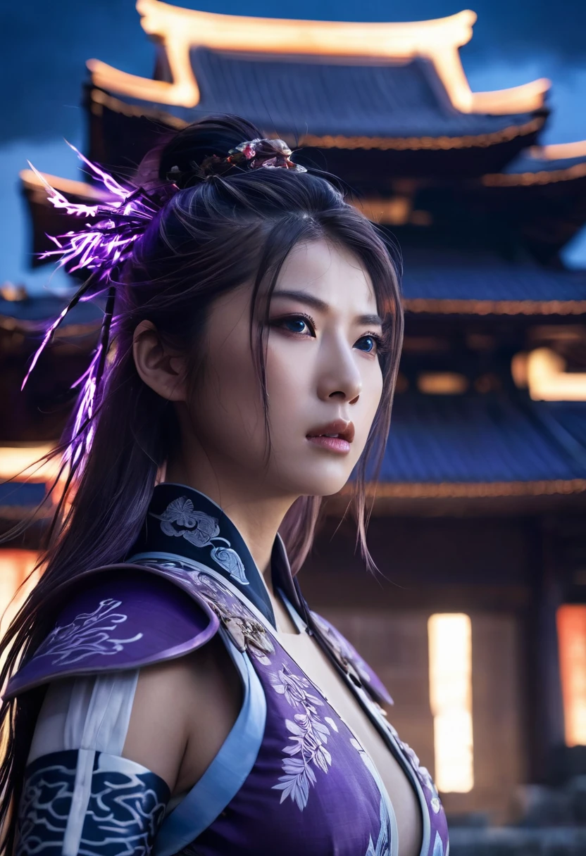 highest quality, masterpiece, high-detail, Reflects light realistically, 1 girl, Upper body, Shogun Raiden,  Big breasts, perfect face, Clear eyes, long-haired, purple hair, Hair Decoration, sky of lightning, night sky, Ancient building in the background, shallow depth of field, looking at the audience,