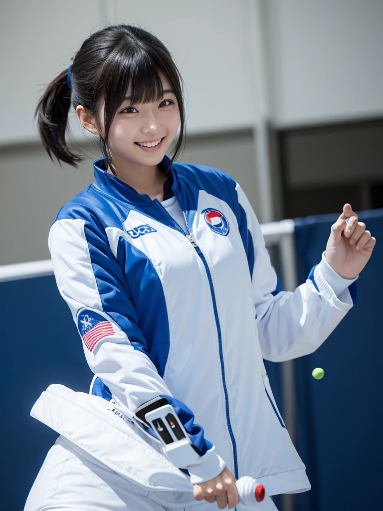 Japanese female android,Black Hair,White and blue robot suit,Plump,Playing badminton,smile
