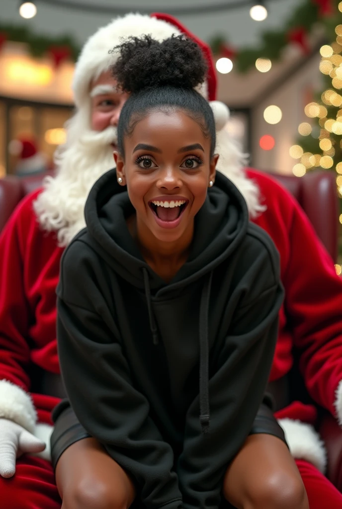 Black woman wearing leather short shorts and black hoodie hair in a bun setting on santas lap in the mall. The look on her face is eyes wide open and excited