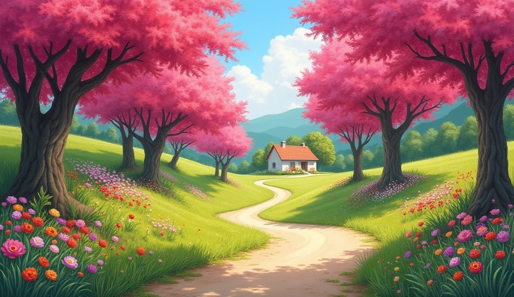 Countryside landscape with a road full of pink ipes, green lawn and trees, floral flowers colorful, simple house in the background, Oil painting'Oil