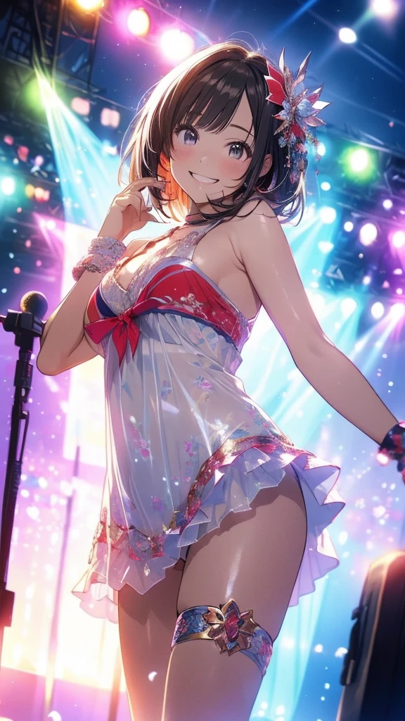 (Highest quality、 8k 、masterpiece、High resolution)、Full Body Shot、 girl、Idol、Mascot Girl、Cute Smile、Pretty lips、Light Hair Color、Long Bob、Adorable eyes、Dancing with a smile、Outdoor Stage、AKB48 costumes、Realistic、Vibrant colors、Official Art、Detailed CG、Professional Lighting、Professional Photographer、