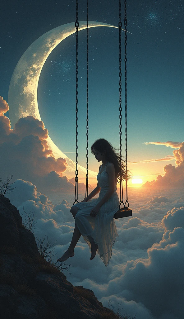  Double touch, Girl sitting on a swing on a crescent moon, sunset, Masterpiece, Fine Arts, By Andreas Lie, Bojan Jevtic and Ashley Wood, A world that spirals between darkness and light, Day and night., Small crescent moon, night sky, clouds surround, realistic, strange, amazing, splash art, There are complicated details., very detailed, maximum, Hallucination, Post apocalyptic, photorealistic, concept art, dynamic light, Sharp focus