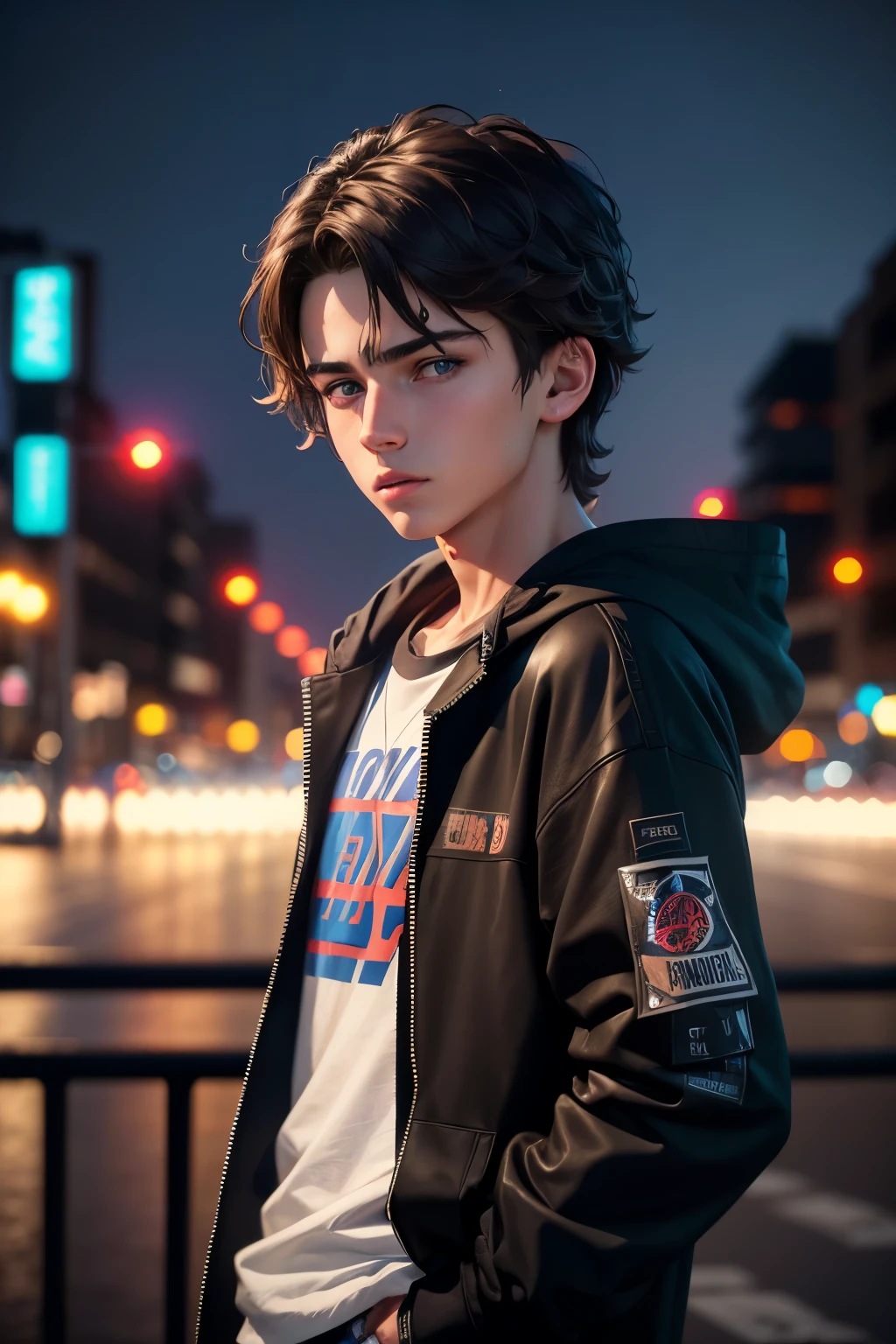 a teenage boy, beautiful detailed blue eyes, short dark brown wavy hair, streetwear style clothes, city background, vibrant colors, cinematic lighting, (best quality,4k,8k,highres,masterpiece:1.2),ultra-detailed,(realistic,photorealistic,photo-realistic:1.37)