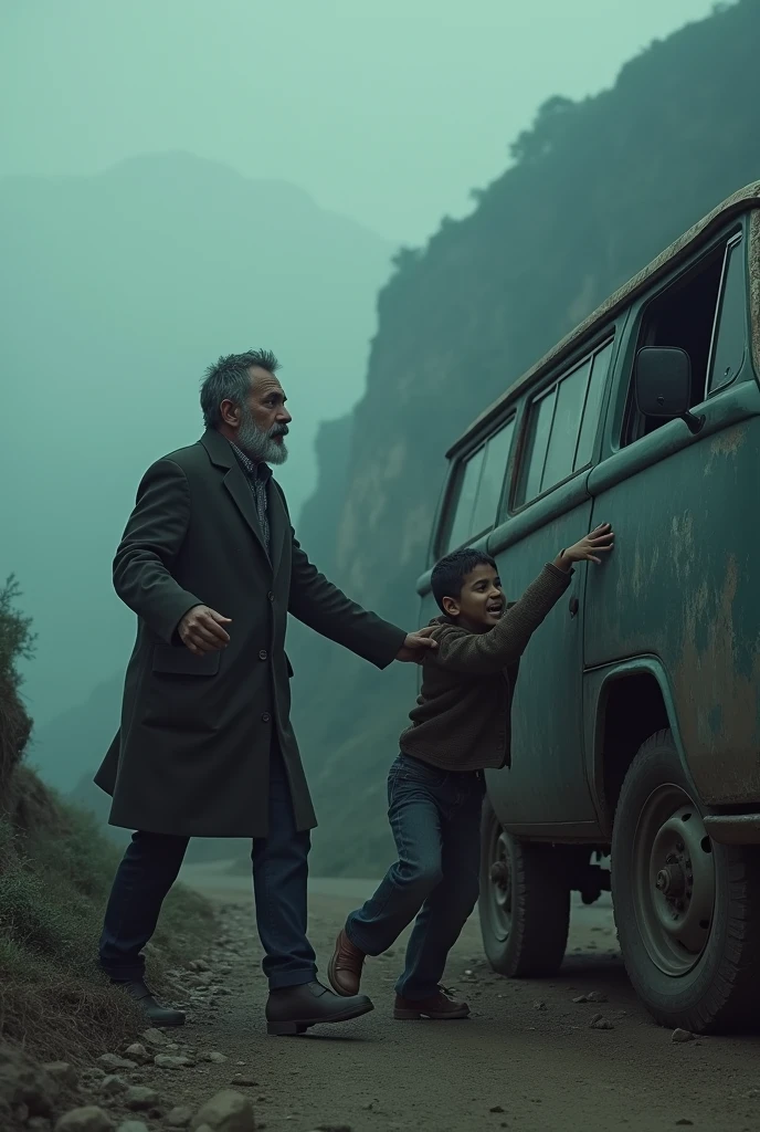 cinematic, photorealistic film poster of a man in coat pushing an old van near a cliff from behind, a boy grabbing unto the mans leg, gets dragged, side profile, late night, foggy, fear, Kalimpong Outskirts