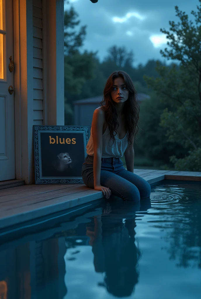 A beautiful woman with blue eyes is sitting on the porch with a sad look looking at the pool and listening to the blues., next to it is the cover of a blues record, I want the name blues clearly visible 