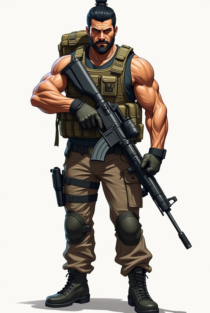 A drawing of a mercenary man, fighter of 1,75 tall black hair with brown eyes who wears a HK, has a backpack to carry your ammunition, wears an armored vest and a fortified boot