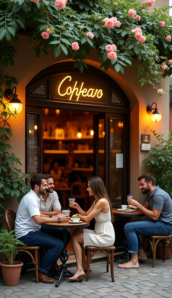 Coffee Shop, Bossa Nova style, cute tables outside, cobblestone road, flowers, daytime, cinematic lighting, moody, realism, photo taken with a canon Eos R5 