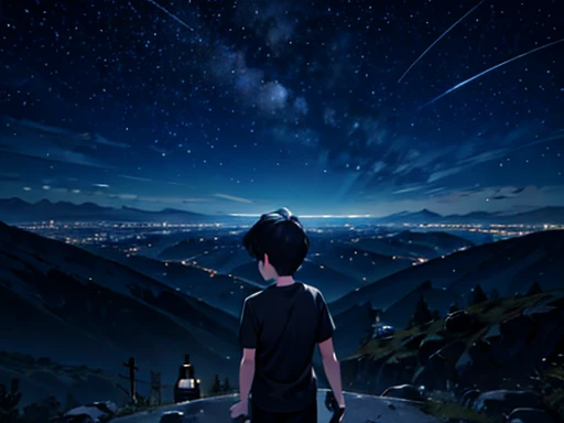 1 boy, Night view, a lot of star, Mountain, Black short hair, He is wearing a grey shirt, He is using a telescope