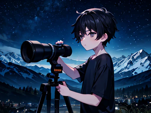 1 boy, Night view, a lot of star, Mountain, Black short hair, He is wearing a grey shirt, He is using a telescope