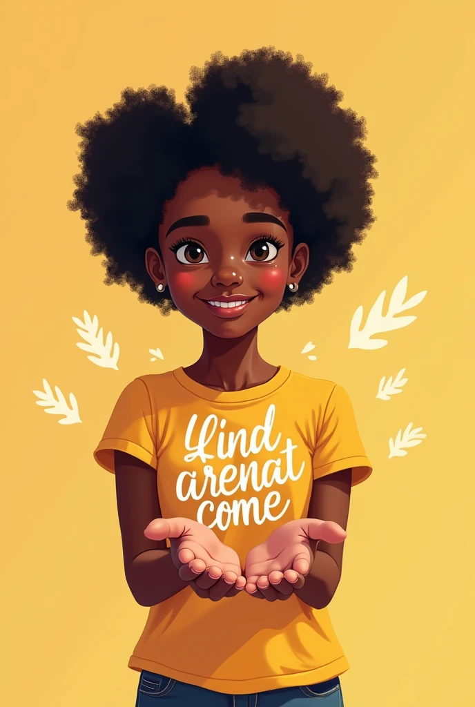 a young beautiful black girl standing with a smile with her both hands open and palms facing upwards. on the two palms should be floating texts beautiful fonts that reads "website"