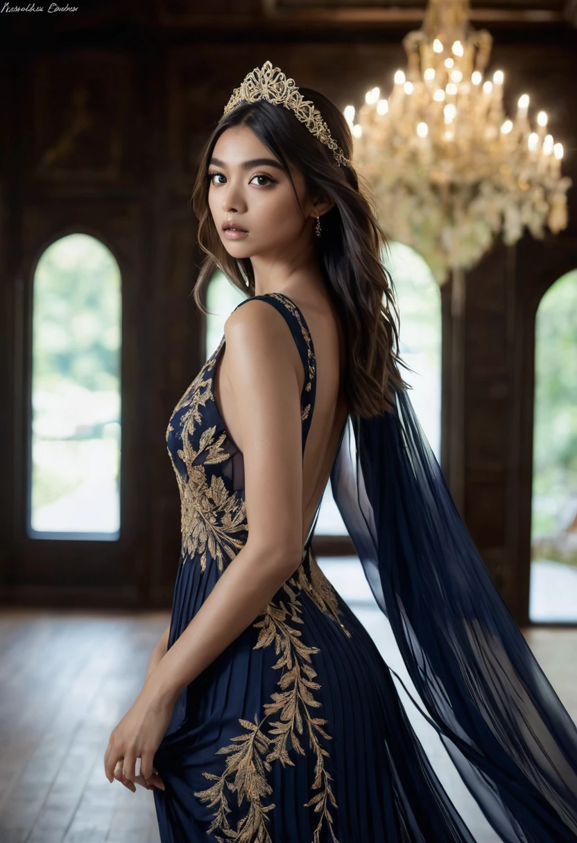 A bewitching 1, hazel eyes aglow, stuns in a Navy Blue skimpy Pleated dress with intricate embroidery, her tresses cascading like golden silk. As she glides down the aisle, dramatic store lighting illuminates her radiant features. The camera zooms in on every detail, capturing the forest's dark mystery in breathtaking 8K resolution, framing her majestic pose within the mystical setting.