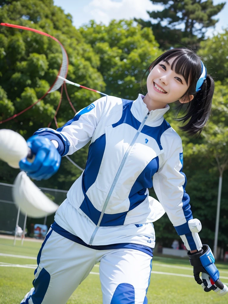 Japanese female android,Black Hair,White and blue robot suit,Plump,Playing badminton in the park,smile