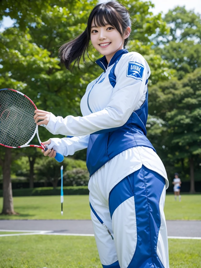 Japanese female android,Black Hair,White and blue robot suit,Plump,Playing badminton in the park,smile