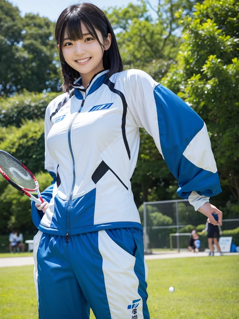 Japanese female android,Black Hair,White and blue robot suit,Plump,Playing badminton in the park,smile