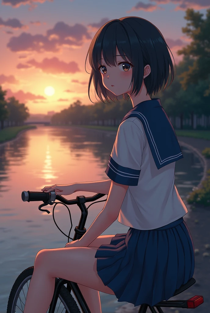 Ultra high definition,1girl,Riverbed at dusk,bicycle,sailor uniform,,Moist eyes,short hair,((White cotton underwear)),anime