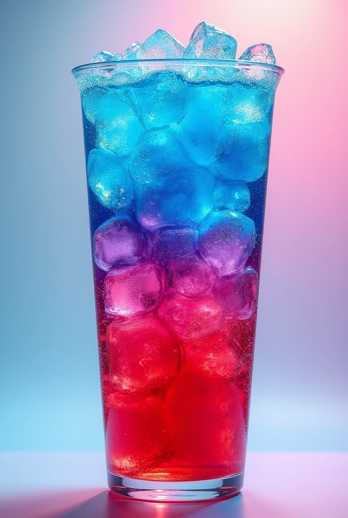 Soda drink. strawberry syrup below, then ice, then soda, purple gatorade and blue curacao. Create a layered effect. In plastic cup. It should also fizz a little. Blue amd purple at top. The color of blue and purple should be layered vertically. Red at the bottom. Remove strawberry