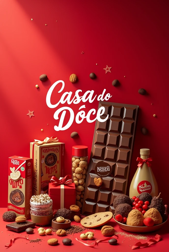 Create an image written in Portuguese, Today the Store will be open until 1pm:00, with the red background and some sweets and cookies it is a Nestle chocolate bar, and some packaging and gifts, With the Logo “Casa do doce”.