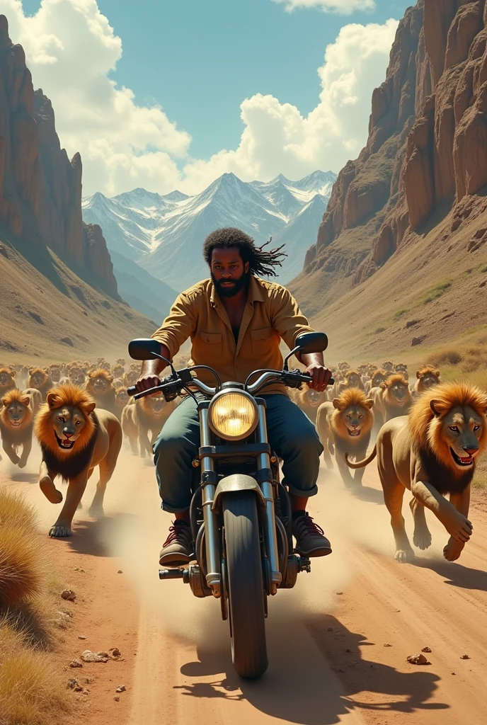 African man with smooth brown face running on motorbike holding a pan in the mountains, and chased by thousands of lions, jeans shoes clothes