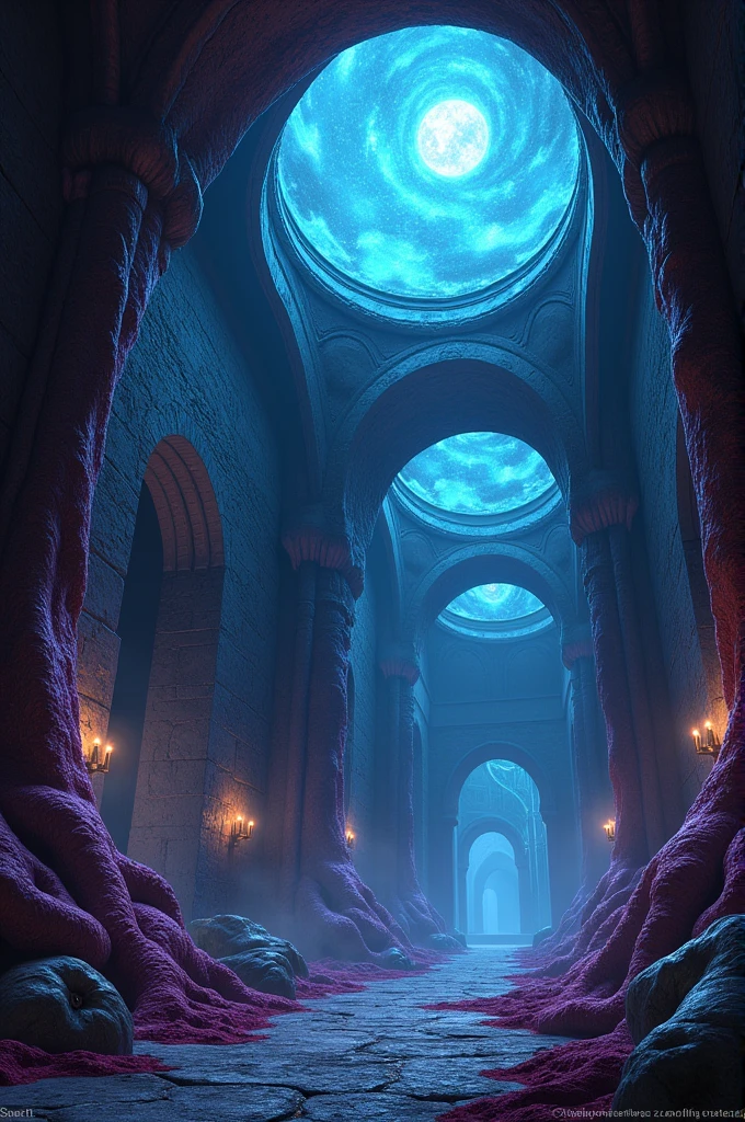 Create a detailed 2D background image for your game, depicting the interior of the Nautilus ship from Baldur's Gate 3. The foreground features distinctive, organic mind-flyer-style structures and walls, with dark, sinister colors and organic textures that make the ship seem alive. The background features large, illuminated membranes and windows, with cool, cosmic light shining through. The atmosphere of the image should be mysterious and slightly unsettling, subtly emphasizing the mystical and dark aesthetic of the world of Baldur's Gate 3. Add subtle mists and shadows that enhance the sense of unease and mystery. The overall tone should be dark, with accents of purple and blue.