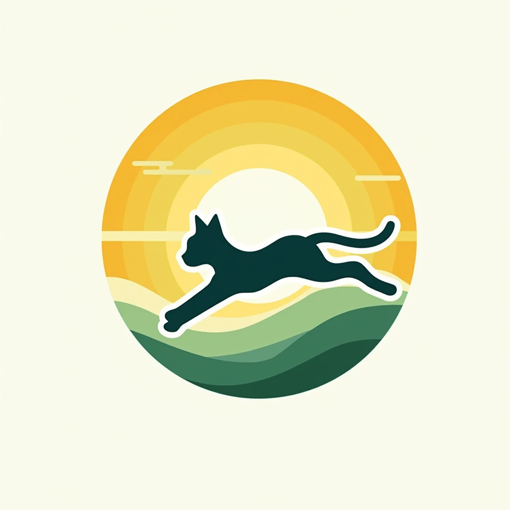 Create a modern and dynamic logo for 'Morning Mobility,' a community focused on enhancing personal flexibility and well-being. Incorporate a stylized cat stretching to symbolize grace and agility, integrating elements of movement like flowing lines. Harmonize this with community symbols such as interconnected shapes or circles. Use a color palette that reflects morning energy and vitality, like yellows and fresh greens. The logo should be approachable yet inspiring, emphasizing growth and connection within a community setting. Include a clean, modern font that underscores the brand's commitment to innovation and inclusivity, creating a cohesive and inviting brand identity.