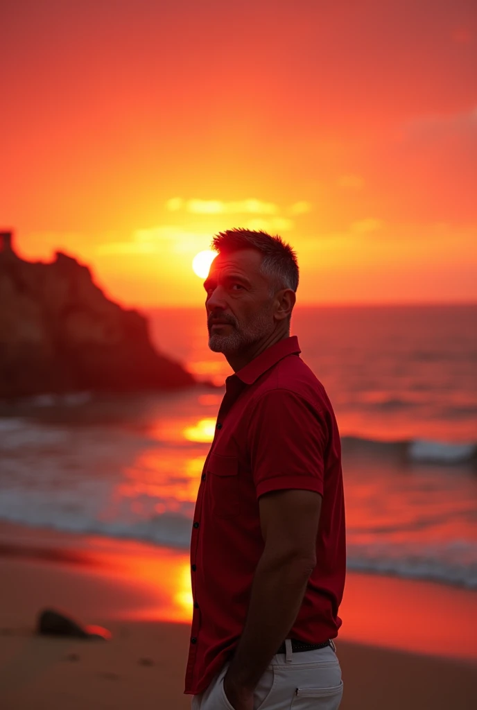 Realistic , handsome male, 40years, crew cut dark hair, brown colored eyes, clear face and tan skin,red shirt and white pants, watching the sunrise on the Algarve beach, red sky in the evening, red atmosphere