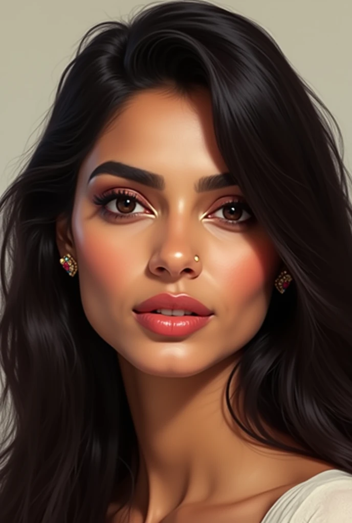 Facial Features: She has an oval-shaped face with sharp, well-defined features. Her cheekbones are prominent, and she has a slightly angular jawline. Her eyes are large, expressive, and deep-set, with a warm, inviting gaze. Her eyebrows are well-shaped and slightly arched. She has a straight, proportionate nose, and full, well-defined lips that give her a poised and sophisticated appearance.
-Skin Tone: Her complexion is fair with a warm, sun-kissed glow. Her skin is smooth, with a healthy, radiant look.
-Hair: Her hair is long, dark, and thick, with a natural, slightly wavy texture. It falls gracefully around her face, adding to her elegant and classic beauty. The color is a rich, deep brown or black.
-Height and Build: She is of medium to tall height, with a lean and well-proportioned build. Her body is fit, with a graceful and confident posture. She carries herself with poise, exuding a sense of elegance and strength.
-Clothing Style: She is dressed in a classic, sophisticated outfit—perhaps a well-fitted dress or a stylish blouse and skirt combination. The colors of her clothing are earthy tones, such as deep greens, browns, or muted golds, and the fabrics are rich and comfortable, enhancing her graceful appearance.
-Overall Aura: She exudes a warm, approachable, yet confident aura. There is a blend of elegance, intelligence, and independence in her appearance, with a subtle touch of mystery, a 2 south Asian girl