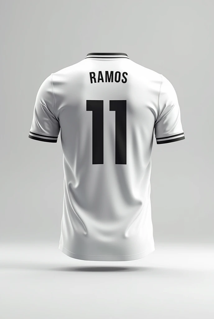 make a white football shirt with an e on the back with the number 11 and ramos written on it with a u