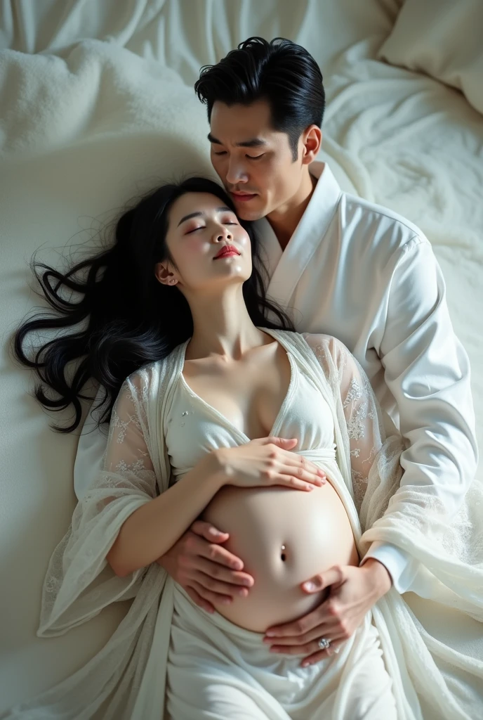 certainly! The following are English tips:

"Beautiful Chinese goddess in kimono, Long black hair，Now I am very pregnant. Lying weakly on the pure white plush carpet，Crying in pain，Sweat and Tears，Eyes closed，Head back，A tall and handsome man hugged her from behind.，Wallpaper size."

If you need any adjustments please let me know!