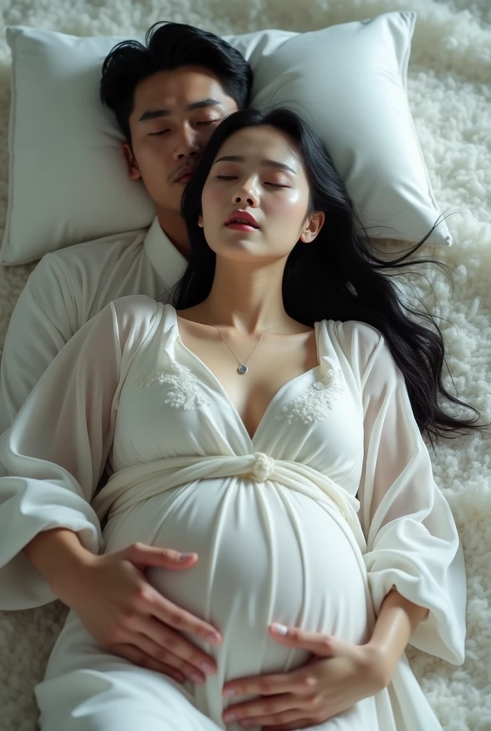 certainly! The following are English tips:
"Beautiful Chinese goddess in kimono, Long black hair,Now I am very pregnant. Lying weakly on the pure white plush carpet,Crying in pain,Sweat and Tears,Eyes closed,Head back,A tall and handsome man hugged her from behind.,Wallpaper size."
If you need any adjustments please let me know!