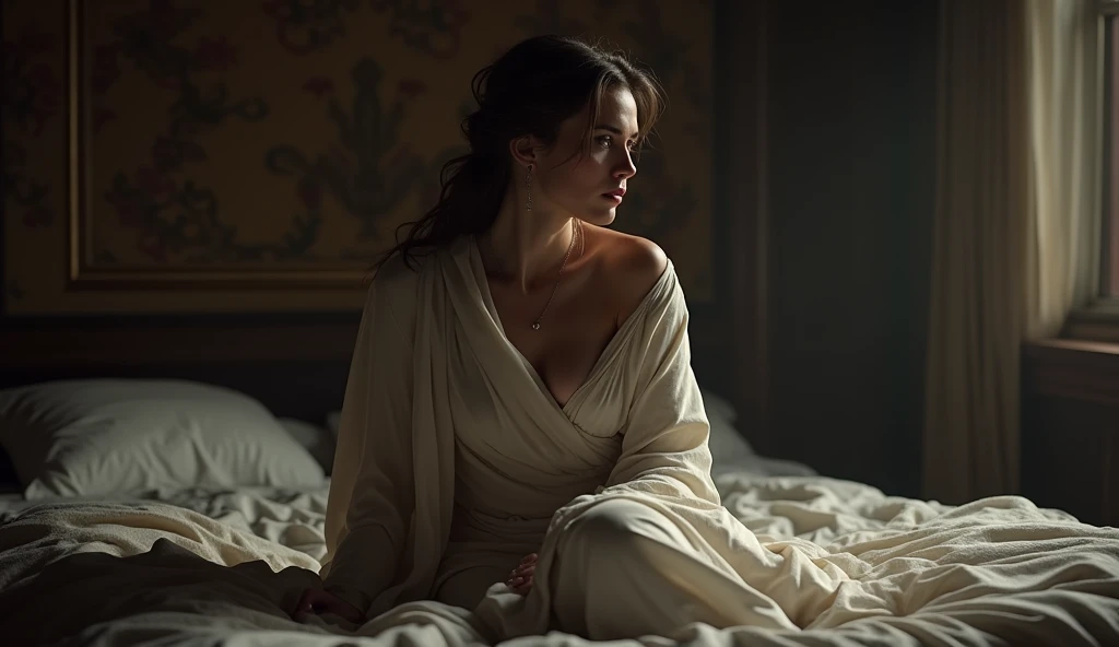beautiful Greek queen Hecuba, proportionally curved body, wearing ancient Greek night gown, sit up on bed at night, tensed, she is sweating, best quality, 8k, HD
