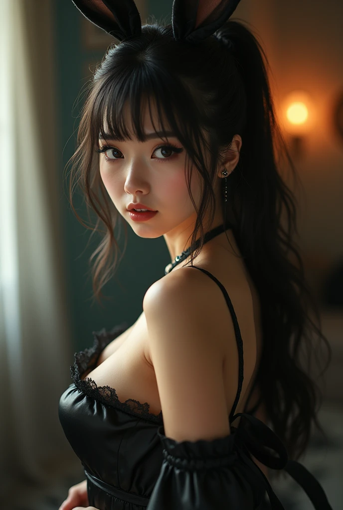 Masterpiece, ultra-detailed, a woman preparing to kiss in a dark old castle, fireplace, beauty personified, voluptuous, curvy succubus named Hana Haruna, chubby figure of a gravure idol, body measurement of 100-70-90 cm, long hair cascading down to her shoulders with straight bangs framing her face, braid, full and glossy lips, clad in a black fishnet suit, net suit, fire illuminating her glossy skin, tanned skin, soft and warm indirect light gently kissing her features. Cinematic and captivating. Picture is taken from below, extreme close up of her face and cleavage from the side 