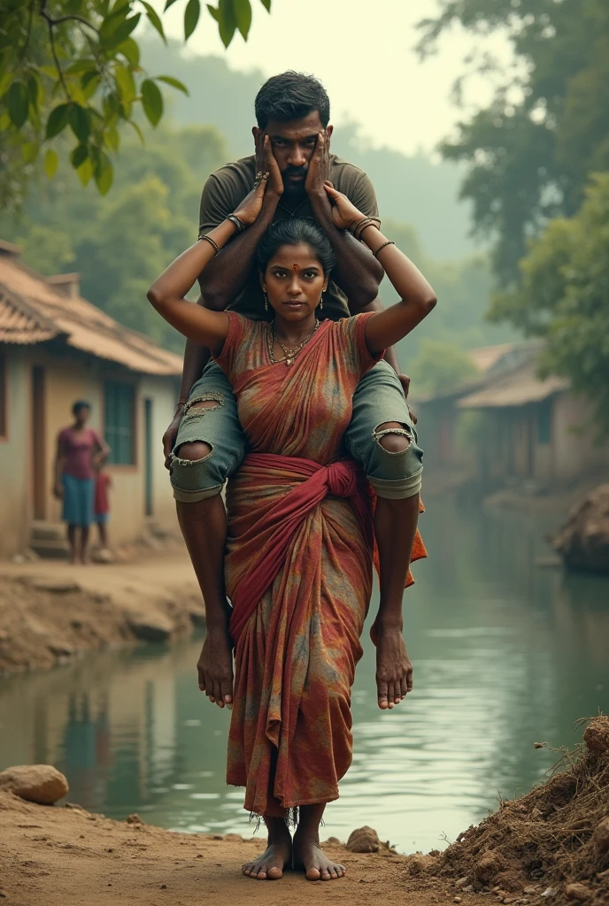 Beautiful Typical indian village ragpicker young woman carrying a large man on her head, man is sitting on her shoulders, nearby a river