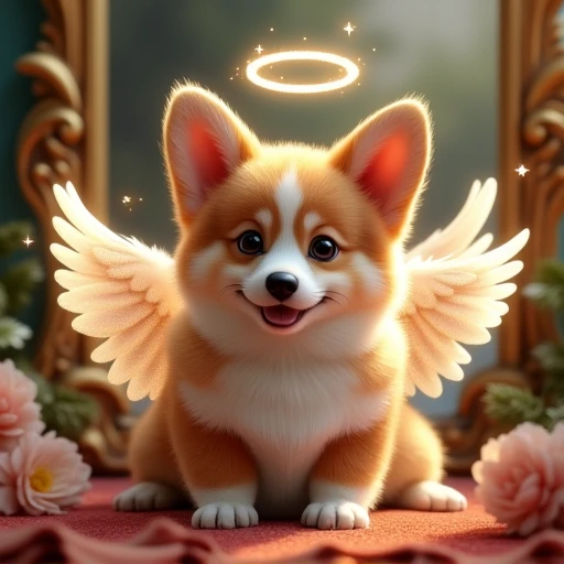 Cute angel corgi dog glitter effect, Baroque,