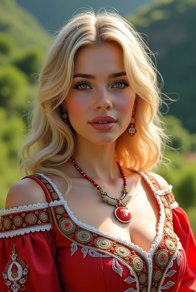 Close-up of a blonde, plump woman wearing a red and white embroidered and decorated dress.. Wearing a shoe with the Algerian flag, perfect clarity of the entire image, sharpness of the face and eyes, intricate details 64k 32k HDset green nature background
