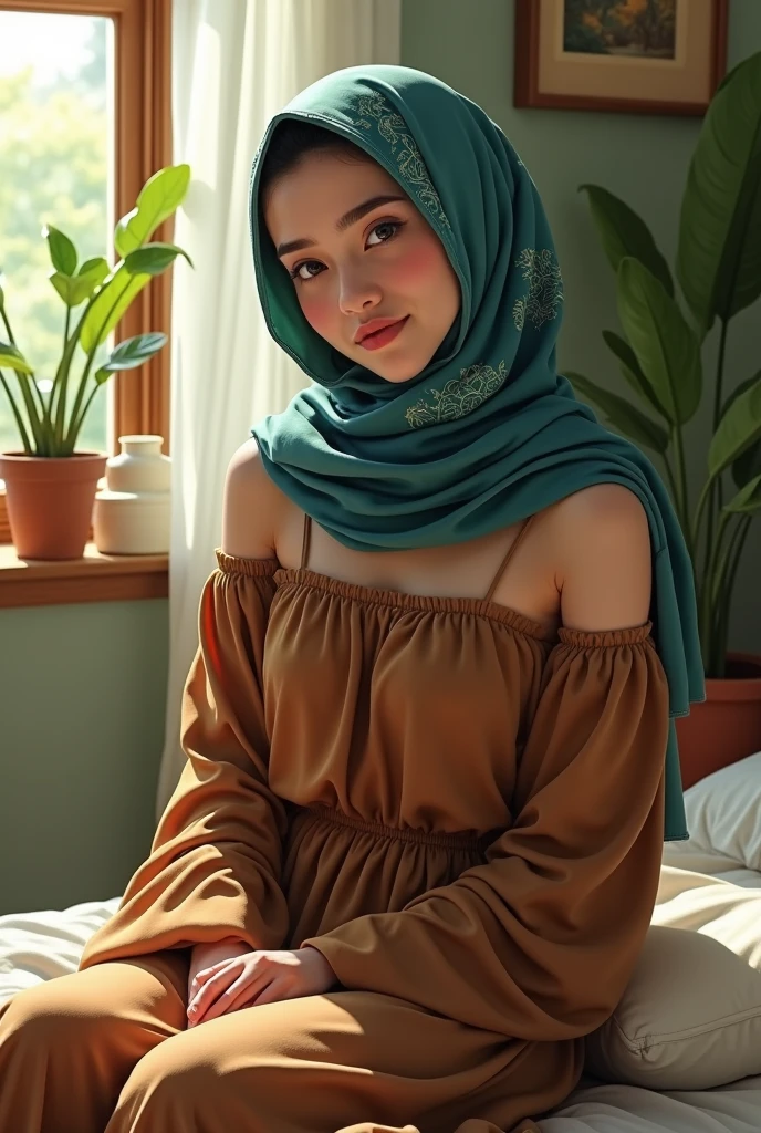 (photorealism:1.2), a young Muslim beautiful Indonesian sitting on bed, make it Hijab Color Blue ,wearing loose off-shoulder top, Brown Dress, hijab blue motiv Green, indoors, soft lighting, plants in background, window with sunlight, cozy room, relaxed pose, realistic, intricate details, warm colors, by Greg Rutkowski, by Alphonse Mucha