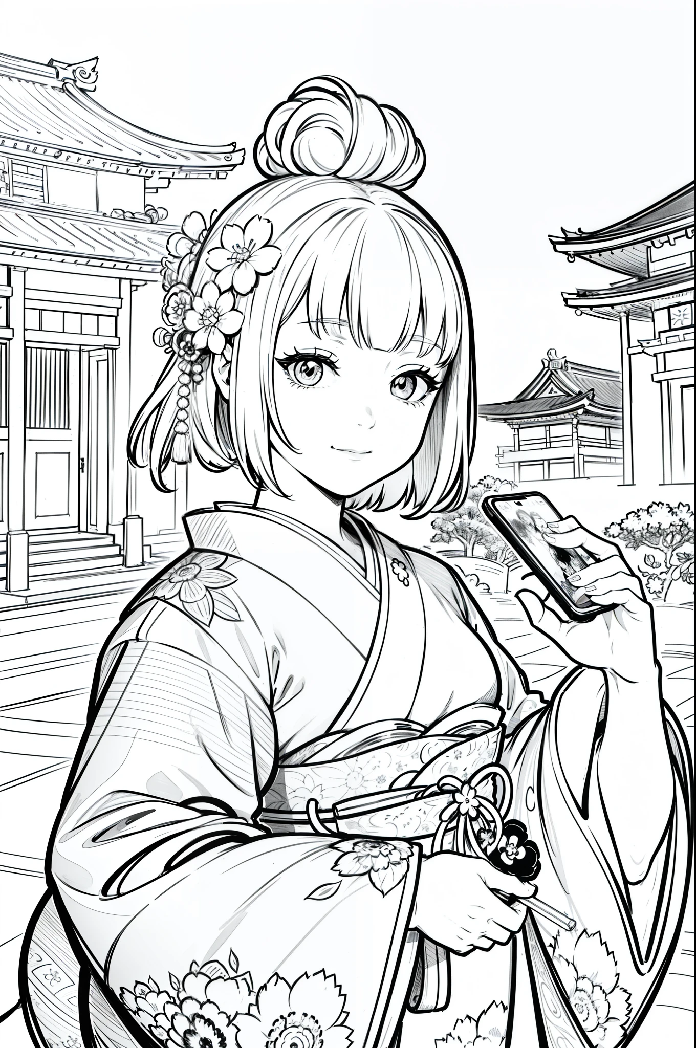 Masterpiece, top class, unique, cute, flower, line drawing background, white background, monochrome, line drawing, ((sketch)), creepy, white eyes, create a monochrome coloring book that even adults can easily do, a realistic and cute ukiyo-e of a girl wearing a kimono and smiling in front of a temple dedicated to the Tallest Buddha, taking a selfie with a smartphone in one hand, conveying Japanese culture.