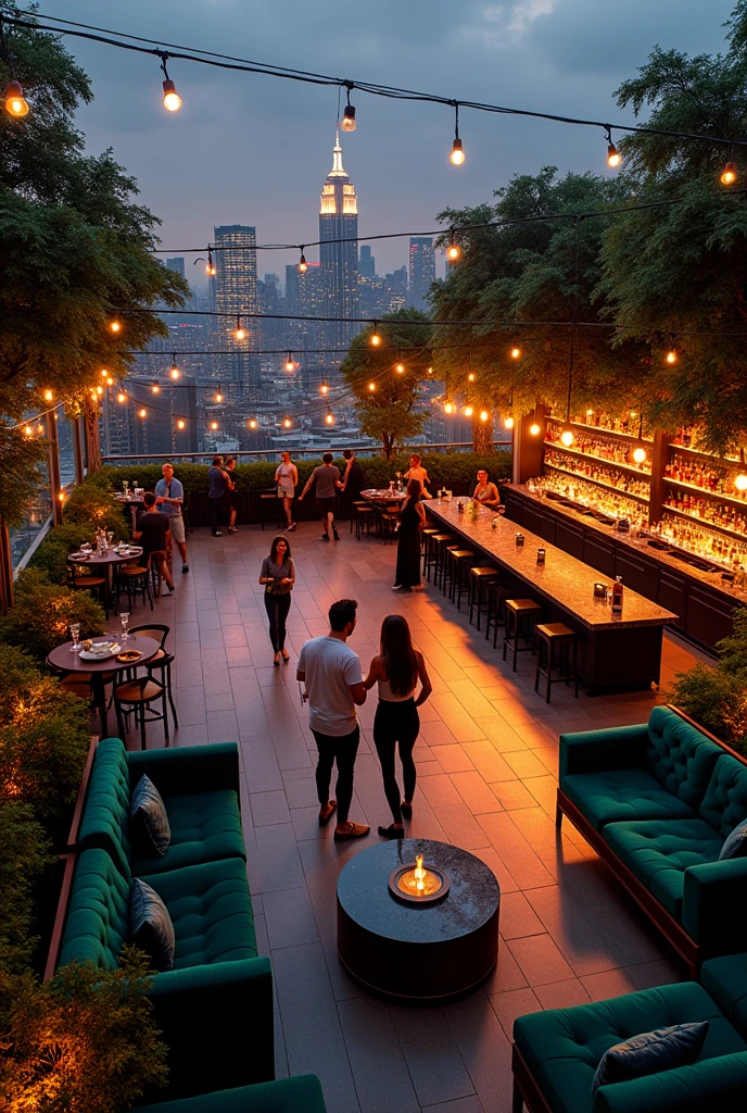 Imagine a sophisticated and vibrant rooftop, where the atmosphere of a nightclub and a modern pub mix. The space is vast, with a central outdoor area surrounded by lush greenery and LED lights hanging over the dance floor, creating a festive and dynamic environment. around the track, there are comfortable dark wood tables and chairs, with gold metal details, which contrast with emerald green velvet sofas. The lighting is low and cozy, composed of industrial and neon pendant lights in vibrant colors. Ao fundo, a stylish bar with a black marble countertop and shelves filled with fine bottles of liquor. The surrounding skyline is illuminated by city lights, that add a sense of urbanity and sophistication. The music in the background is a mix of electronic and indie, and people are dancing, chatting and relaxing, creating a vibrant and social scene.