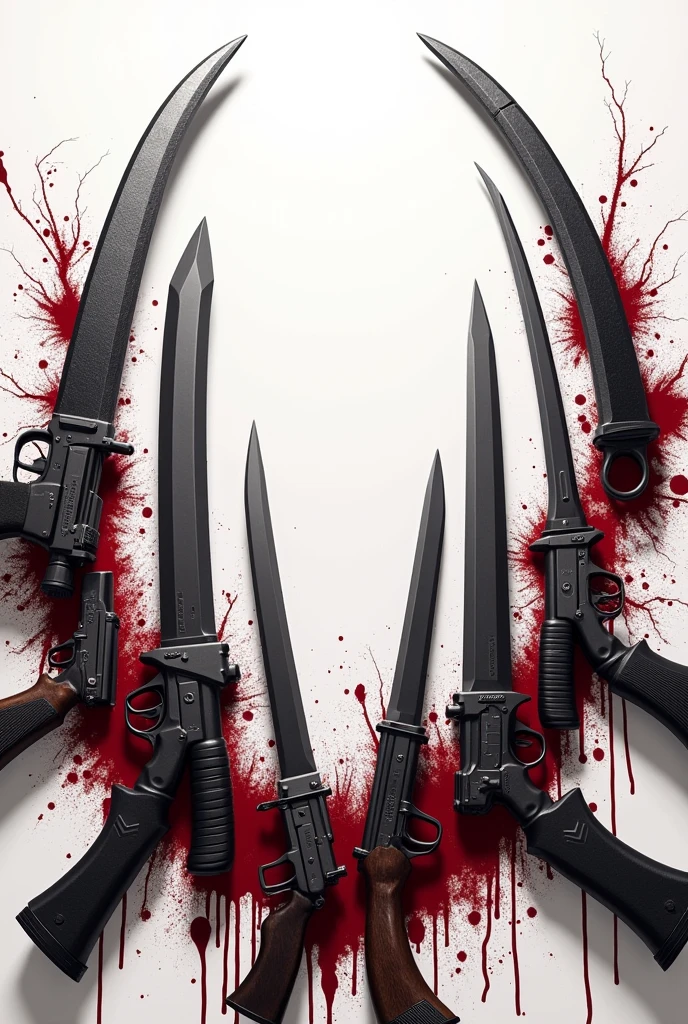 On a white background with blood stains, place swords and guns in "U" shape