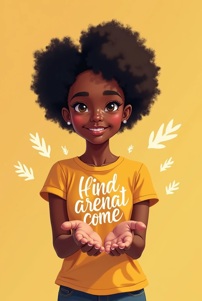 a young beautiful black girl standing with a smile with her both hands open and palms facing upwards. on the two palms should be floating texts beautiful fonts that reads "website"