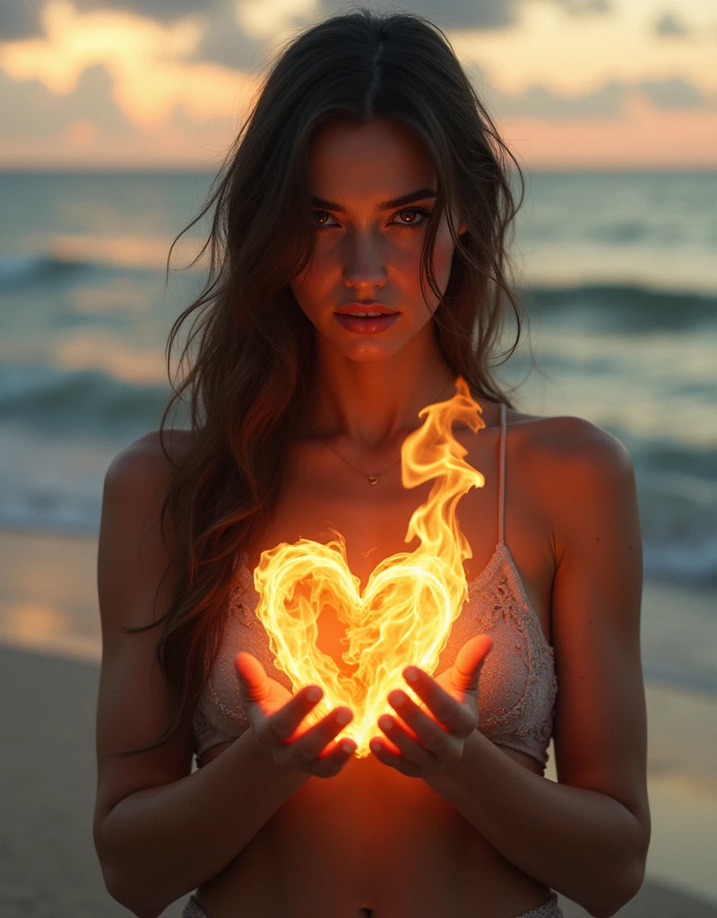 insane ((Photorealistic)), A unparalleled woman holding a fire that is in a shape of heart on a beach