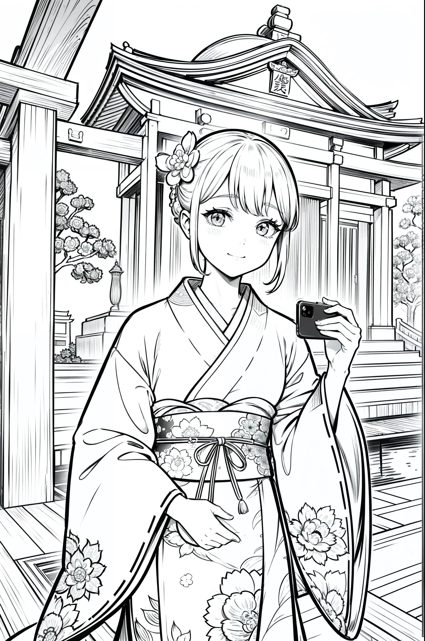 Masterpiece, top class, unique, cute, flower, line drawing background, white background, monochrome, line drawing, ((sketch)), creepy, white eyes, create a monochrome coloring book that even adults can easily do, a realistic and cute ukiyo-e of a girl wearing a kimono and smiling in front of a temple dedicated to the Tallest Buddha, taking a selfie with a smartphone in one hand, conveying Japanese culture.