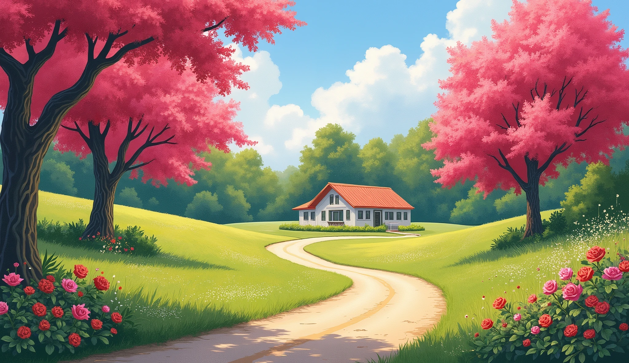 Countryside landscape with a road full of pink ipes, green lawn and trees, floral flowers colorful, simple house in the background, Oil painting'Oil