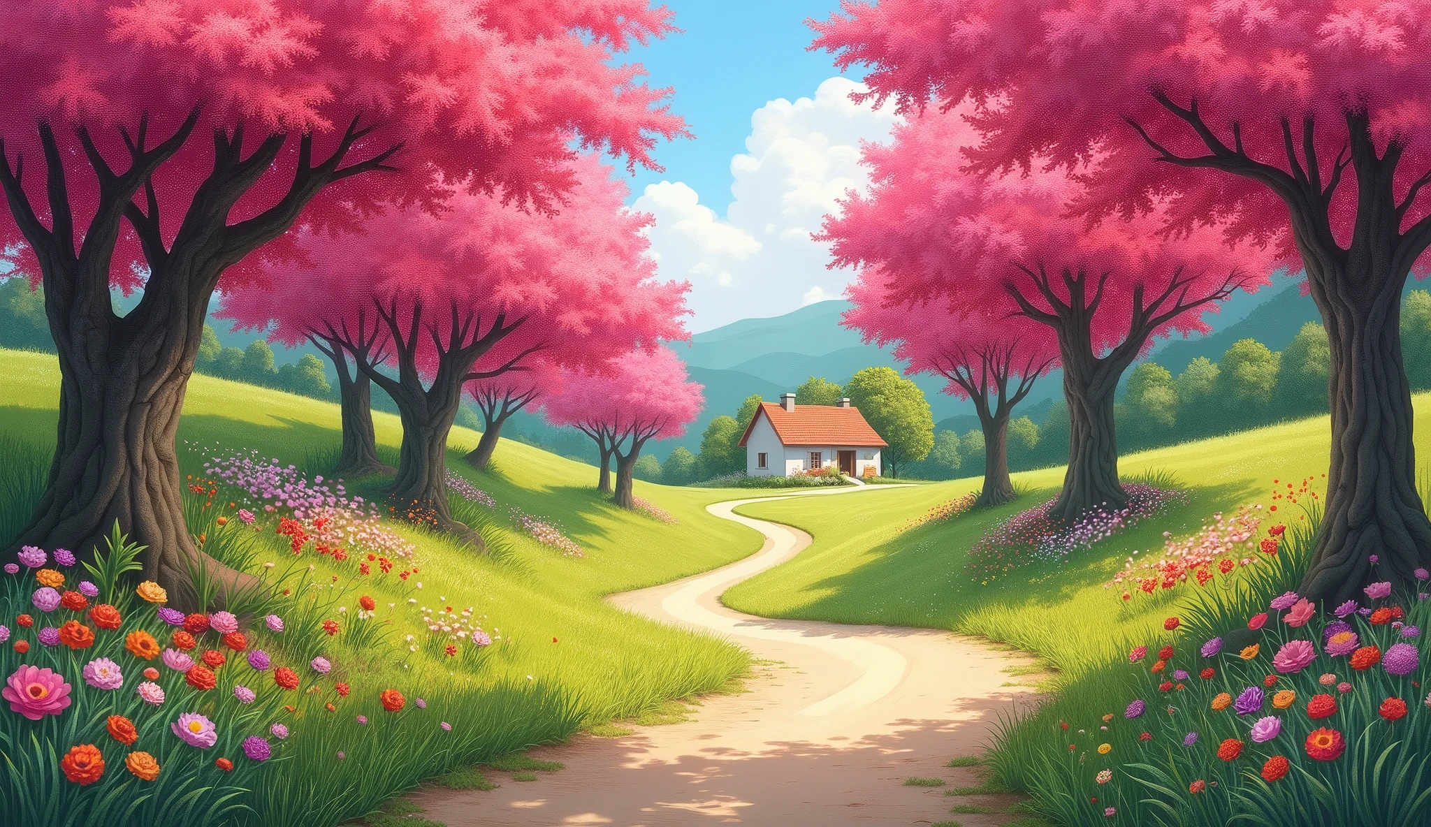 Countryside landscape with a road full of pink ipes, green lawn and trees, floral flowers colorful, simple house in the background, Oil painting&#39;Oil