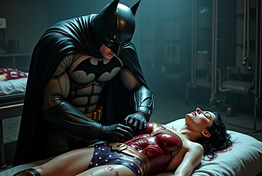 Batman dissecting wonder woman's body in batcave, bloody chest cavity