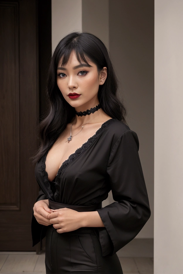 Un gros plan d'une femme asiatique japonaise avec un collier noir et du rouge à lèvres noir, wearing maquillage gothique, maquillage gothique, maquillage sombre, maquillage gothique, Eye-liner gothique, Porter un choker noir complexe, maquillage noir, maquillage sombre sur son visage, ambiance gothique, fille gothique coréenne cruelle, esthétique gothique, porter un tour de cou noir, porter des accessoires gothiques, esthétique gothique, ambiance d'horreur gothique, ultra maquille fard a paupière noir