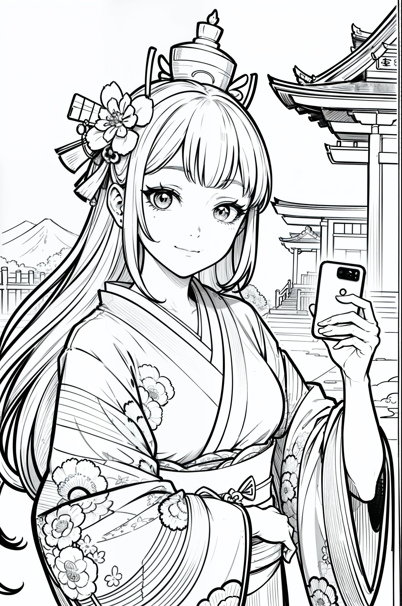 Masterpiece, top class, unique, cute, flower, line drawing background, white background, monochrome, line drawing, ((sketch)), creepy, white eyes, create a monochrome coloring book that even adults can easily do, a realistic and cute ukiyo-e of a girl wearing a kimono and smiling in front of a temple dedicated to the Tallest Buddha, taking a selfie with a smartphone in one hand, conveying Japanese culture.
